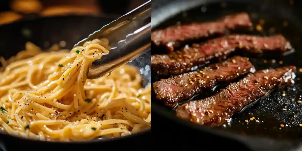 Searing steak for lightning noodles and Tossing garlic noodles in skillet