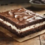 Chilled brownie refrigerator cake recipe with layers of pudding and cream