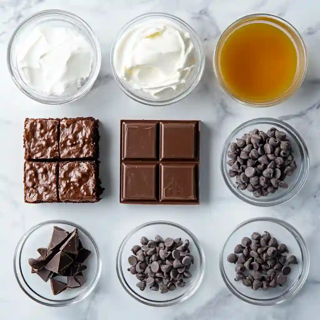 Ingredients for brownie refrigerator cake on kitchen counter
