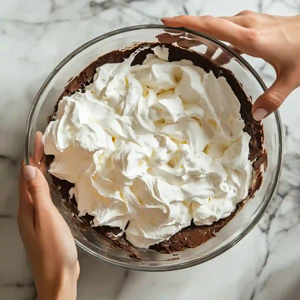 Step-by-step layering of brownie refrigerator cake in dish