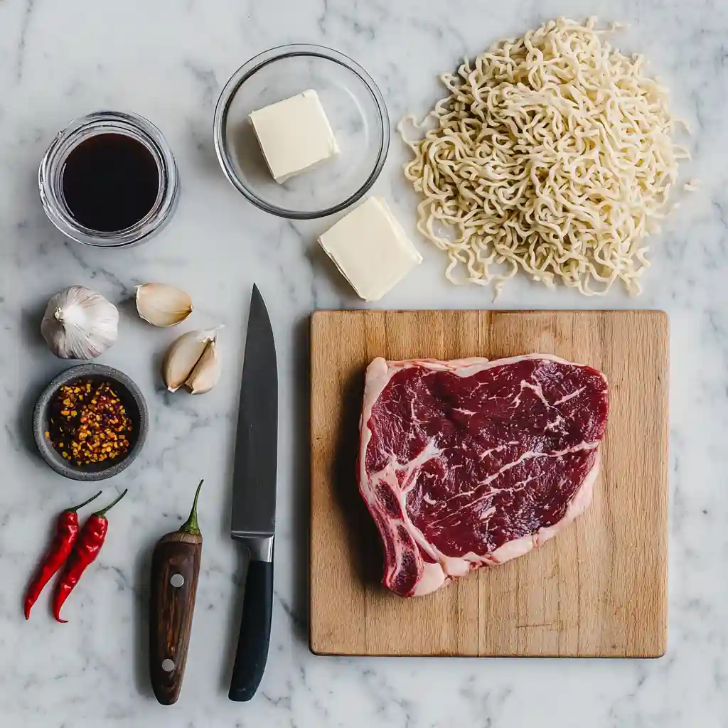 Ingredients for garlic butter steak lightning noodles