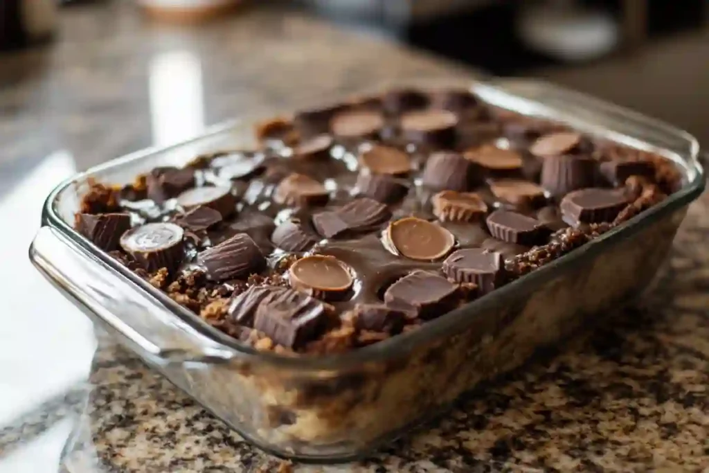 peanut butter cup dump cake recipe fresh from oven